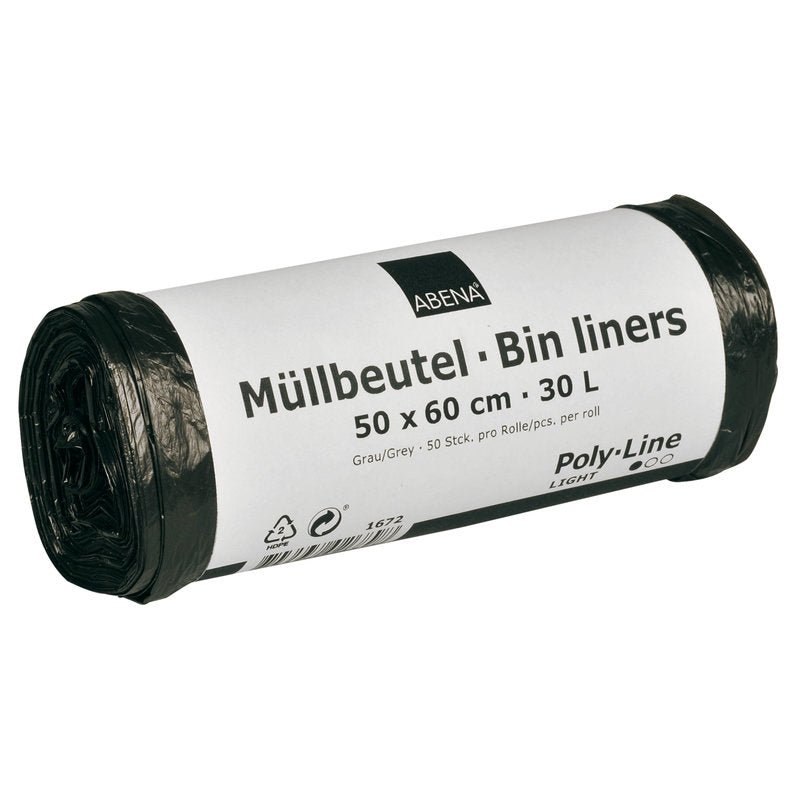 Un rolă de saci de gunoi Abena Re-Seller GmbH 30 L, 500x600 mm, 4,5 my HDPE, gri, este prevăzută cu o etichetă albă cu inscripția "Saci de gunoi - Bin Liners" și conține 50 de saci pe rolă.