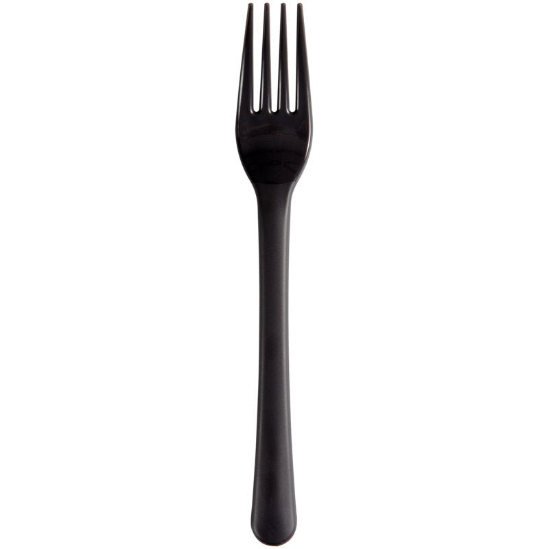 O singură furculiță reutilizabilă neagră (18cm, PP) de la Abena Re-Seller GmbH este plasată central pe un fundal alb. Această alternativă de tacâmuri ecologică și durabilă are patru dinți și un mâner ușor curbat. Ambalaj: 50 de bucăți.