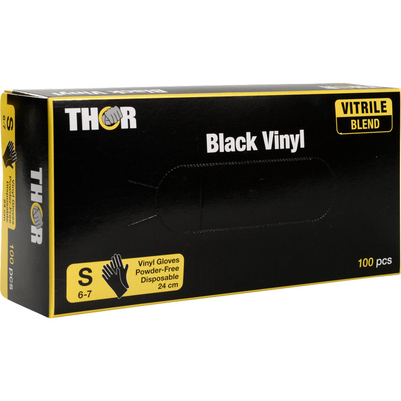 Eine Box Thor Black Vinyl, Vitrile Blend, Puderfrei von Abena Re-Seller GmbH, Größe S (6-7), enthält 100 puderfreie Einweghandschuhe in schwarzer und gelber Verpackung.