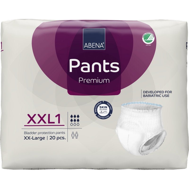Un pachet de 20 de ABENA Pants XXL1, Premium de la Abena Re-Seller GmbH, oferă protecție de înaltă calitate împotriva incontinenței în mărimea XXL pentru utilizare bariatrică. Ambalajul, predominant alb și violet, prezintă un singur scutec pe partea dreaptă.