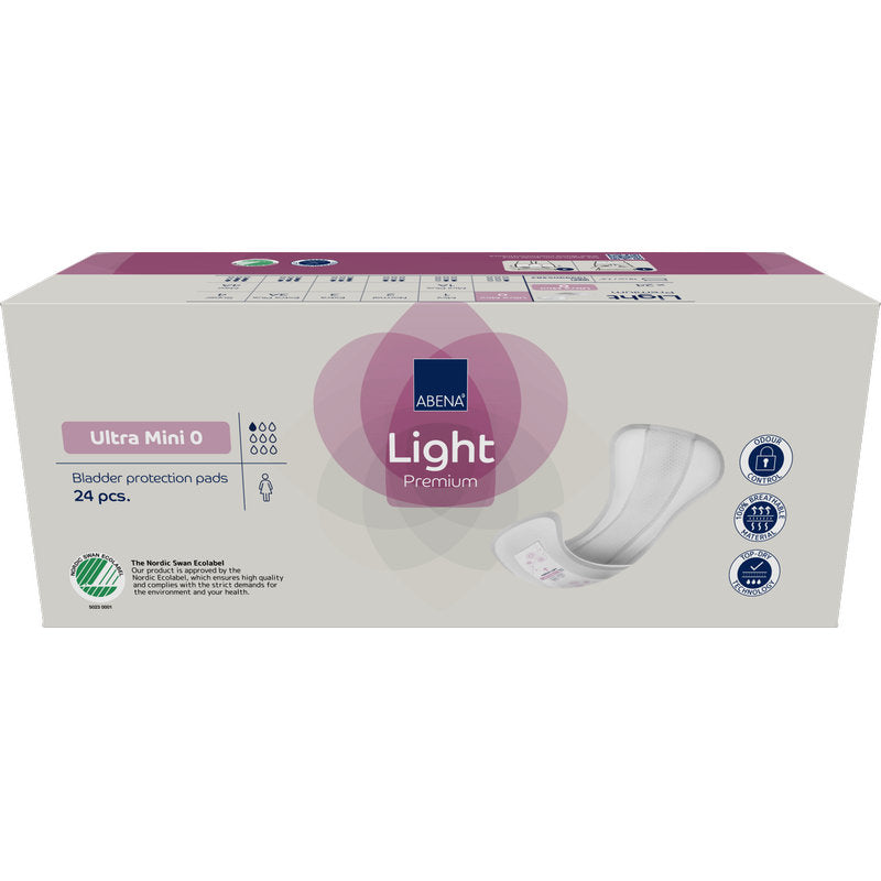 Eine Packung ABENA Light Ultra Mini 0, Premium von Abena Re-Seller GmbH enthält 24 Pads in einer beigefarbenen Verpackung mit lila Akzenten, auf der Produktdetails und Zertifizierungssymbole abgebildet sind.
