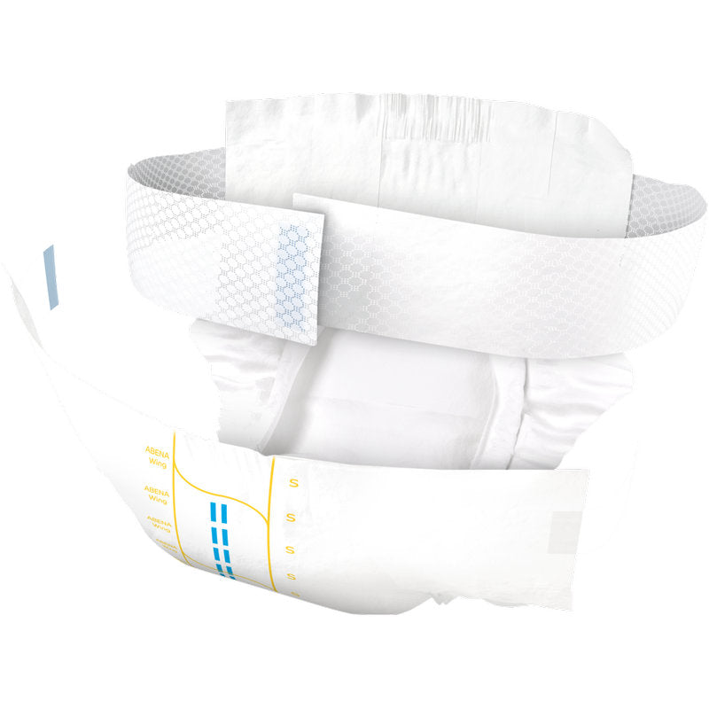 Der ABENA Wing Premium von Abena Re-Seller GmbH ist offen dargestellt und zeigt die Innenpolsterung, elastische Beinabschlüsse, verstellbare Laschen und Nässeindikatoren - Schutz und Komfort unter den modernen Inkontinenzprodukten.