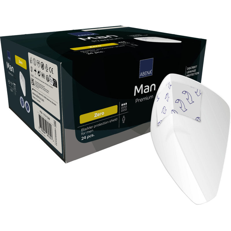 O cutie cu inscripția "ABENA Man Zero, Premium" de la Abena Re-Seller GmbH cu 24 de bucăți oferă protecție discretă pentru bărbați; lângă pachet este ilustrat un semn alb cu inscripție albastră.