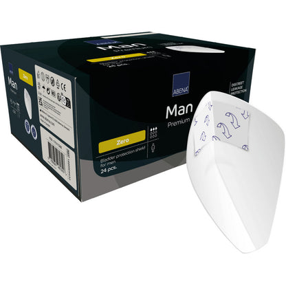 O cutie cu inscripția "ABENA Man Zero, Premium" de la Abena Re-Seller GmbH cu 24 de bucăți oferă protecție discretă pentru bărbați; lângă pachet este ilustrat un semn alb cu inscripție albastră.