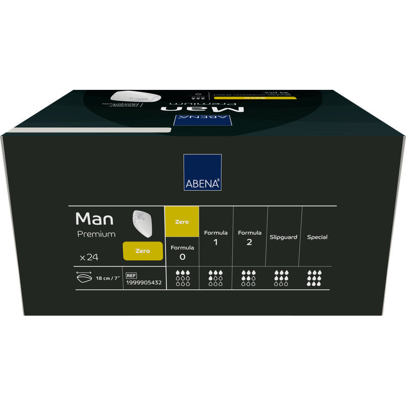 O cutie dreptunghiulară ABENA Man Zero, Premium de la Abena Re-Seller GmbH conține 24 de bucăți. Ambalajul întunecat cu accente albe și galbene evidențiază protecția discretă și dispune de pictograme pentru nivelurile de absorbție și informații despre produs.
