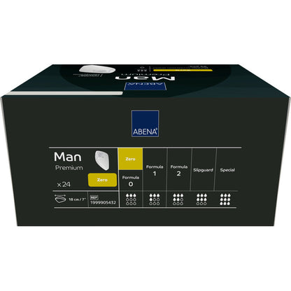 O cutie dreptunghiulară ABENA Man Zero, Premium de la Abena Re-Seller GmbH conține 24 de bucăți. Ambalajul întunecat cu accente albe și galbene evidențiază protecția discretă și dispune de pictograme pentru nivelurile de absorbție și informații despre produs.