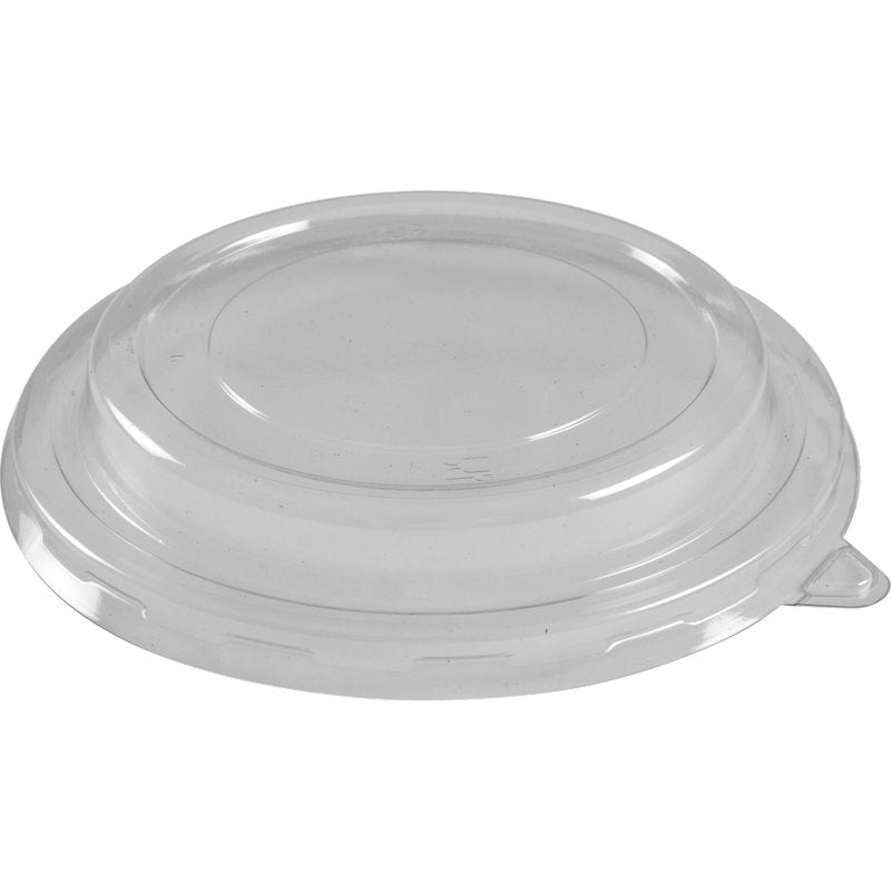 Un capac transparent, rotund din RPET pentru bol (ø14,5 cm) de la Abena Re-Seller GmbH cu un centru ridicat și o clapetă mică, ilustrat pe un fundal alb. Pachet de 50 de bucăți.