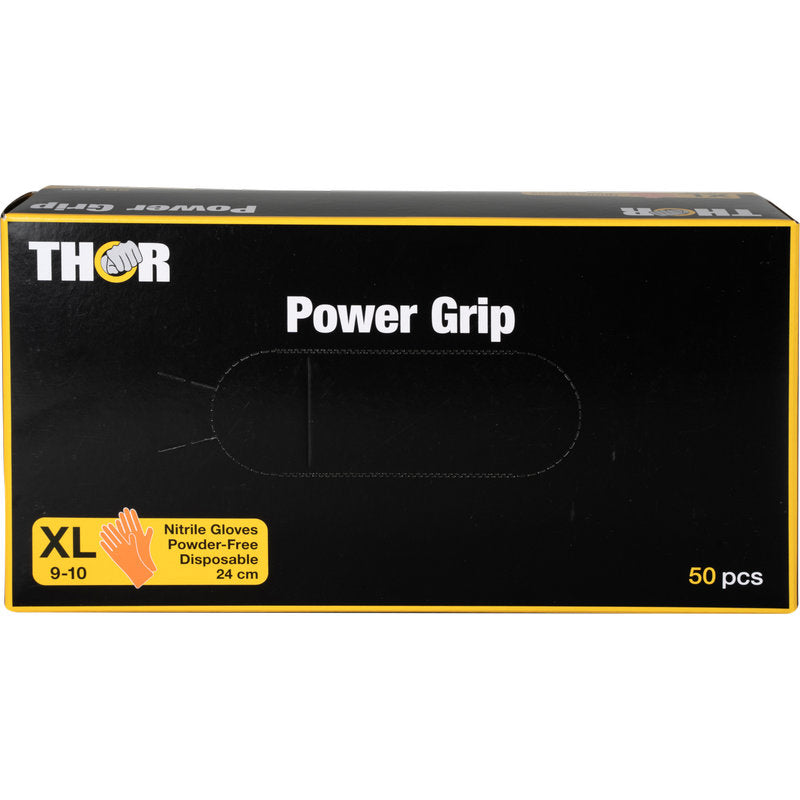 Eine Schachtel mit der Aufschrift "Thor Power Grip, Orange" der Abena Re-Seller GmbH enthält 50 puderfreie Einweg-Nitrilhandschuhe im Format XL (9-10), 24 cm lang, mit einem gelben Handsymbol und Produktinformationen auf der Vorderseite für eine bessere Griffigkeit.