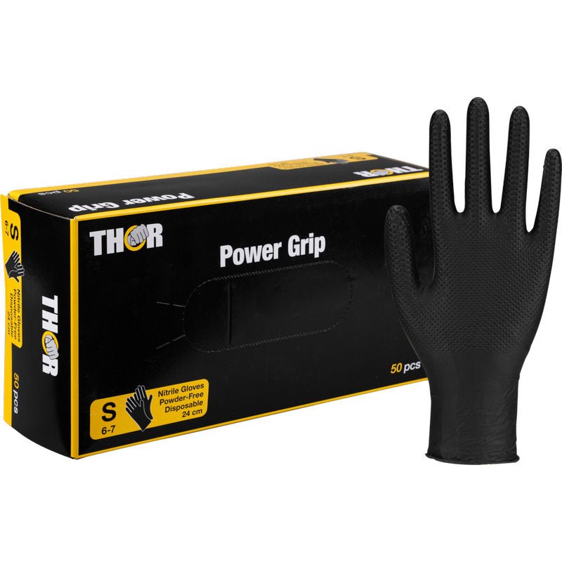 O cutie Thor Power Grip, Negru de la Abena Re-Seller GmbH, mărimea S 6-7, cu o mănușă prezentată în poziție verticală. Perfectă pentru antrenamente de forță sau haltere; cutia conține 50 de mănuși de unică folosință fără pudră.