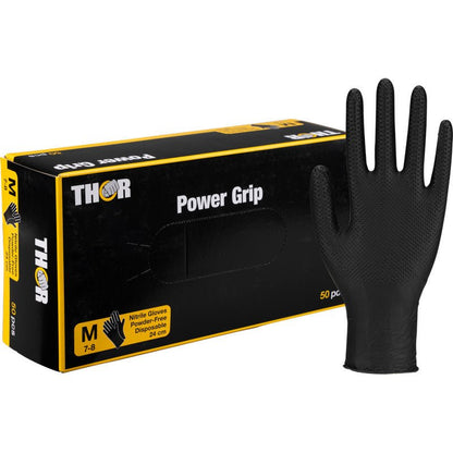 O mănușă de unică folosință din nitril negru, perfectă pentru antrenamente de forță sau haltere, este prezentată lângă o cutie negru-galbenă „Thor Power Grip, Negru” (mărimea M, fără pudră, 50 de bucăți) de la Abena Re-Seller GmbH.