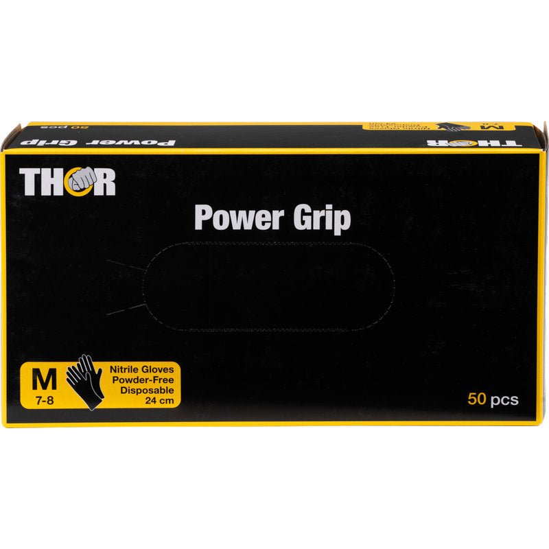 O cutie Thor Power Grip, Negru de la Abena Re-Seller GmbH conține 50 de mănuși de unică folosință de mărime medie (7-8), fără pudră, din nitril (24 cm). Negru cu accente galbene și imaginea mănușii. Ideal pentru antrenamente de forță sau haltere.