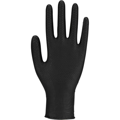 O singură mănușă de unică folosință Thor Power Grip, Negru de la Abena Re-Seller GmbH este prezentată vertical cu degetele întinse, palma spre față pe un fundal alb - ideală pentru antrenamente de forță sau pentru îmbunătățirea aderenței la haltere.