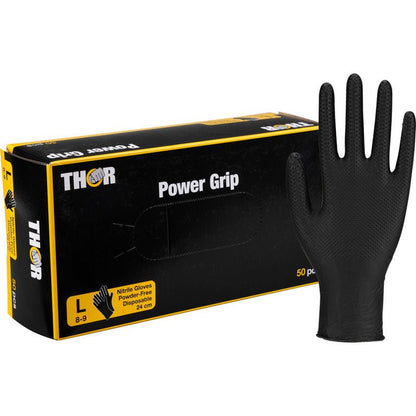 O cutie Thor Power Grip, Negru de la Abena Re-Seller GmbH (mănuși mari, negre, fără pudră, din nitril) cu o mănușă stând în poziție verticală. Ambalajul arată 50 de mănuși de unică folosință - ideal pentru antrenamente de forță sau haltere.