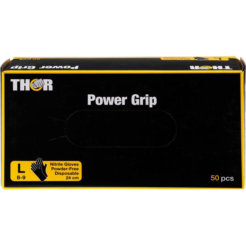 O cutie neagră cu inscripția „Thor Power Grip, Negru” de la Abena Re-Seller GmbH conține 50 de mănuși mari (mărimea L, 8-9), de 24 cm lungime, fără pudră, din nitril, ideale pentru antrenamente de forță și haltere. Textul și grafica sunt galbene și albe.
