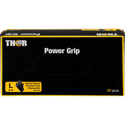 O cutie neagră cu inscripția „Thor Power Grip, Negru” de la Abena Re-Seller GmbH conține 50 de mănuși mari (mărimea L, 8-9), de 24 cm lungime, fără pudră, din nitril, ideale pentru antrenamente de forță și haltere. Textul și grafica sunt galbene și albe.