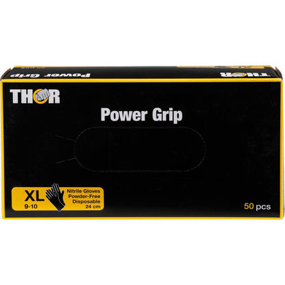 O cutie negru-galbenă Thor Power Grip, Negru mănuși din nitril de la Abena Re-Seller GmbH, mărimea XL (9-10), fără pudră, de unică folosință, de 24 cm lungime, 50 de bucăți pe cutie. Cu informații despre produs și imaginea mănușii pe față; ideal pentru antrenamente de forță.