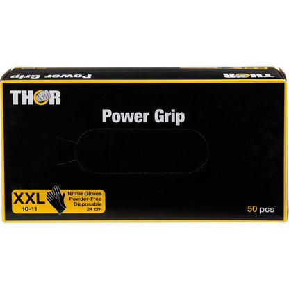 Cutia Thor Power Grip, Negru de la Abena Re-Seller GmbH conține 50 de mănuși de unică folosință din nitril, negru-galbene, fără pudră, în format XXL (10-11). Inscripția pentru antrenamente de forță este imprimată pe față în alb și galben.