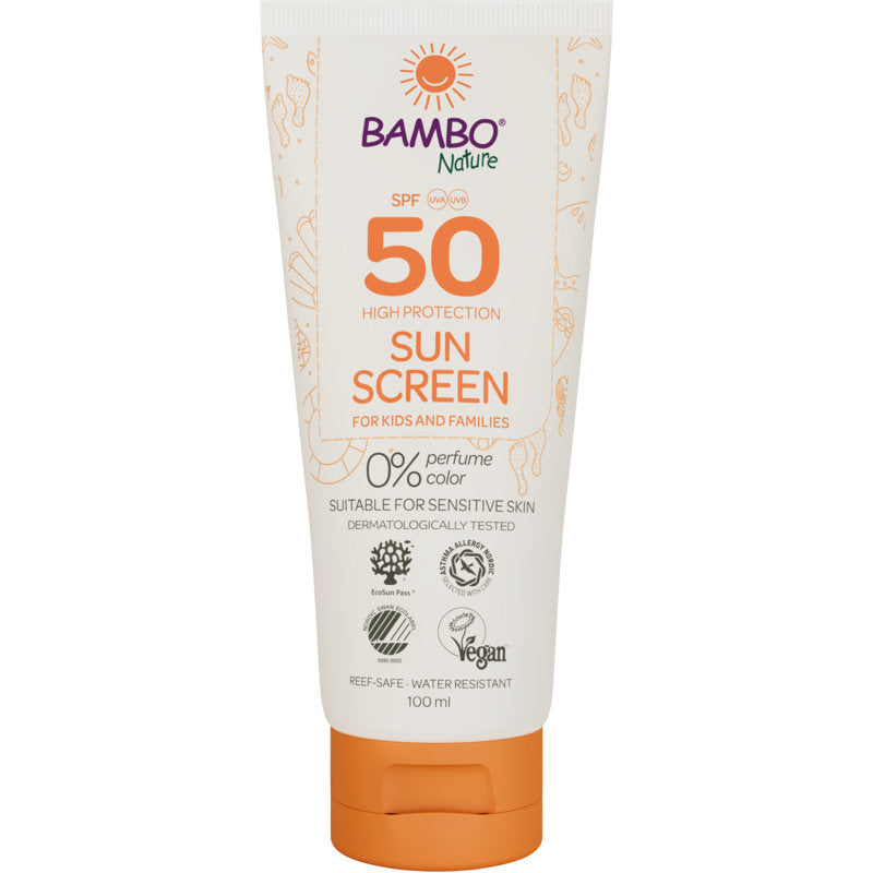 Un tub de 100 ml de cremă de soare Bambo Nature LSF50 de la Abena Re-Seller GmbH, fără culoare și parfum, testat dermatologic, vegan, sigur pentru recife și ideal pentru pielea sensibilă. 6 pachete în cutie.