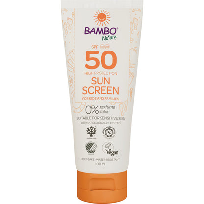 Un tub de 100 ml de cremă de soare Bambo Nature LSF50 de la Abena Re-Seller GmbH, fără culoare și parfum, testat dermatologic, vegan, sigur pentru recife și ideal pentru pielea sensibilă. 6 pachete în cutie.