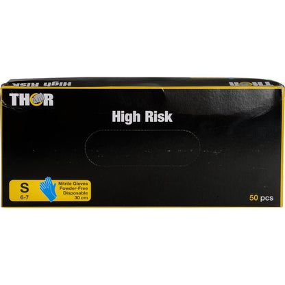 O cutie neagră cu inscripția "THOR High Risk" de la Abena Re-Seller GmbH conține 50 de mănuși mici (6-7), albastre, fără pudră, Thor High Risk Nitril-Handschuhe, de 30 cm lungime, pentru protecția chimică. Inscripția "High Risk" este afișată cu litere albe.