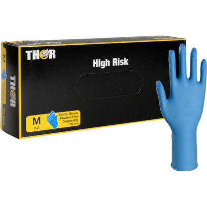O cutie de dimensiuni medii cu inscripția "Thor High Risk Nitril-Handschuhe, Blau, 30 cm" de la Abena Re-Seller GmbH stă în picioare. Mănușile fără pudră sunt de unică folosință și oferă protecție chimică.