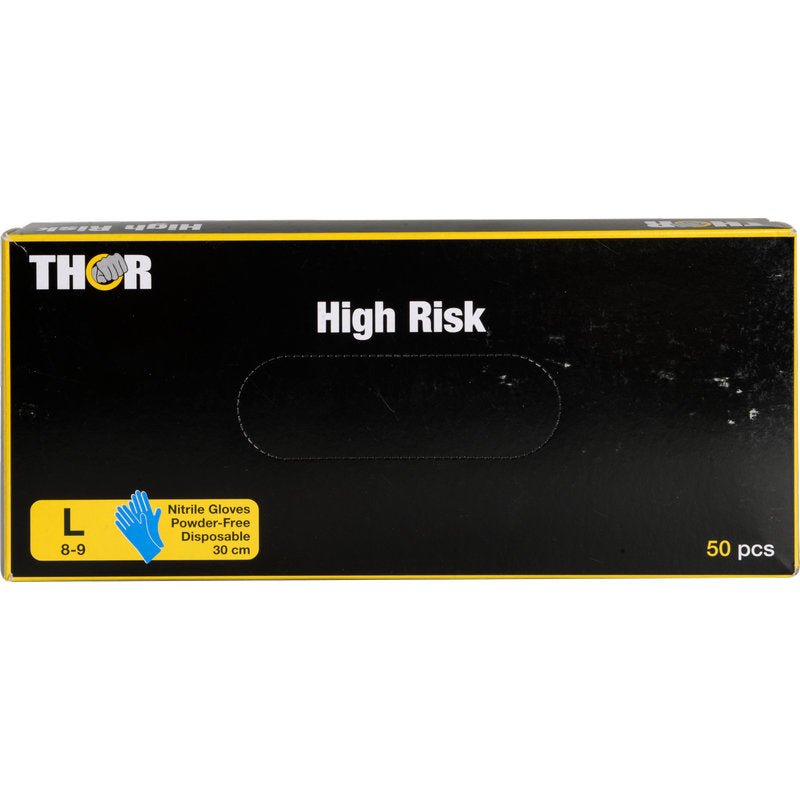 O cutie neagră cu inscripția "Thor High Risk Nitril-Handschuhe, Blau, 30 cm" de la Abena Re-Seller GmbH conține 50 de mănuși mari (8-9) albastre, fără pudră, de unică folosință, pentru protecția chimică, cu un simbol al mănușii și informații galbene pe față.