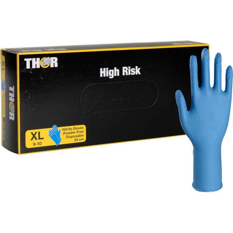 O cutie neagră cu inscripția "Thor High Risk Nitril-Handschuhe, Blau, 30 cm" de la Abena Re-Seller GmbH este ilustrată cu o mănușă de nitril albastră în picioare. Cutia de protecție chimică indică faptul că mănușile sunt XL, fără pudră, de unică folosință și au 30 cm lungime.