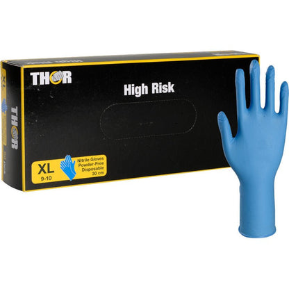 O cutie neagră cu inscripția "Thor High Risk Nitril-Handschuhe, Blau, 30 cm" de la Abena Re-Seller GmbH este ilustrată cu o mănușă de nitril albastră în picioare. Cutia de protecție chimică indică faptul că mănușile sunt XL, fără pudră, de unică folosință și au 30 cm lungime.