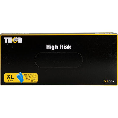 O cutie neagră cu inscripția "Thor High Risk Nitril-Handschuhe, Blau, 30 cm" de la Abena Re-Seller GmbH conține 50 de mănuși fără pudră de unică folosință în format XL (9-10), care oferă o protecție chimică de încredere.