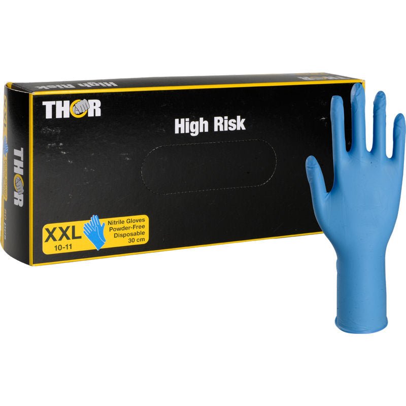 O cutie de la Abena Re-Seller GmbH cu inscripția "Thor High Risk Nitril-Handschuhe, Blau, 30 cm" este ilustrată cu o mănușă de nitril albastră XXL în picioare. Mănușile de unică folosință, fără pudră, oferă protecție chimică și au 30 cm lungime.