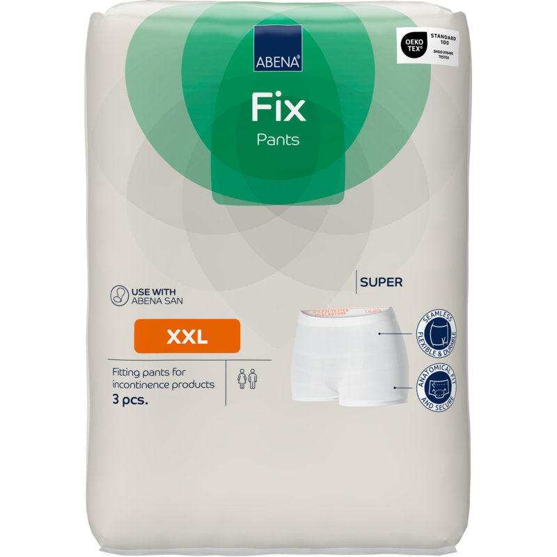 Eine Packung Fixierhosen ABENA Fix, Pants, Super von Abena Re-Seller GmbH, Größe XXL mit 3 Stück in einer weiß-grünen Verpackung mit Produktinfos, Zertifizierungslogos und einem Hosenbild auf der Vorderseite.