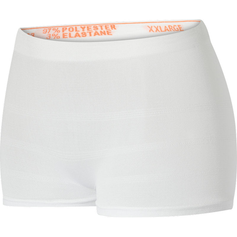Die ABENA Fixierhosen Fix Pants Super von der Abena Re-Seller GmbH sind weiße, nahtlose Unterwäsche im Boxer-Stil mit einem elastischen Bund mit der Aufschrift "XXLARGE" und bestehen aus 97% Polyester und 3% Elastan.