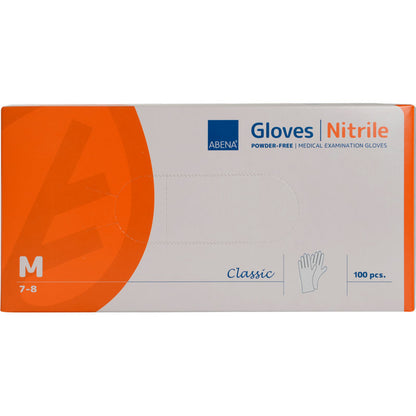 Eine Box Abena Re-Seller GmbH Nitril-Handschuhe, Classic, puderfrei, weiß, Größe Medium (7-8), 100 Stück. Die Packung ist weiß-orange und zeigt die Produktinfos vorn.