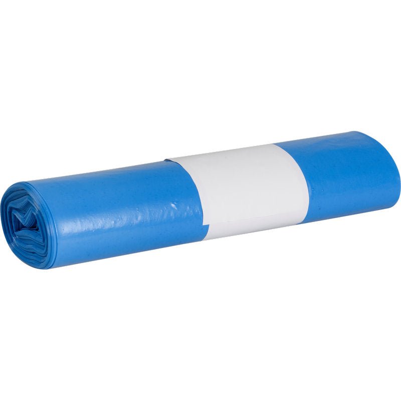 Un pachet strâns rulat de saci de plastic albaștri Abena Re-Seller GmbH pentru Sækkø Boy 40 (40 my LDPE reciclat), asigurat cu o bandă de hârtie albă în mijloc.