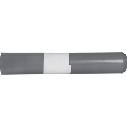 Ein aufgerollter grauer Plastikmüllsack mit weißem Etikett steht auf einem schlichten weißen Hintergrund. Die Abfallsäcke für Sækko Boy 120 (55 my LDPE recycelt) der Abena Re-Seller GmbH sind ideal für die nachhaltige Abfallentsorgung.