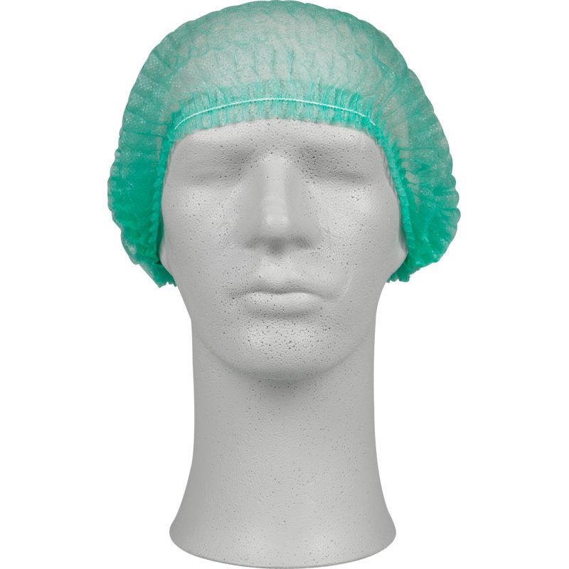 Un cap de manechin alb poartă o bonetă verde, PP de la Abena Re-Seller GmbH. Aceste bonete de unică folosință oferă protecție igienică și acoperă complet capul - ideal pentru utilizarea în unități medicale.