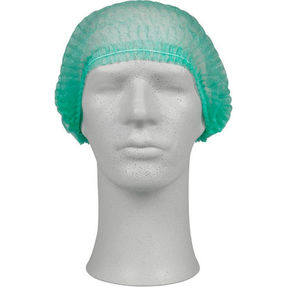 Un cap de manechin alb prezintă o bonetă verde din PP de la Abena Re-Seller GmbH, ideală pentru protecția igienică în domeniul medical sau în gastronomie. Manechinul este orientat înainte și se află pe un fundal simplu.