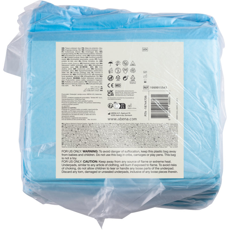 Eine durchsichtige Kunststoffverpackung enthält 25 Paar blaue ABENA Tissue Einweg-Unterlagen, 6-lagig, 40x60 cm von Abena Re-Seller GmbH. Das Etikett auf der Vorderseite zeigt Produktinformation, Pflegesymbole, Warnhinweise, Barcode und mehrsprachigen Text.