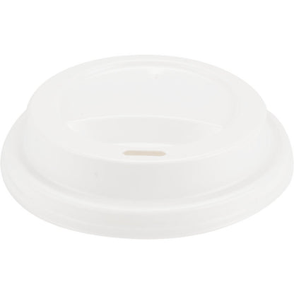 Un capac alb PP pentru pahare de cafea de la Abena Re-Seller GmbH cu o fantă mică ovală pentru băut, văzut de sus, pe un fundal alb simplu.