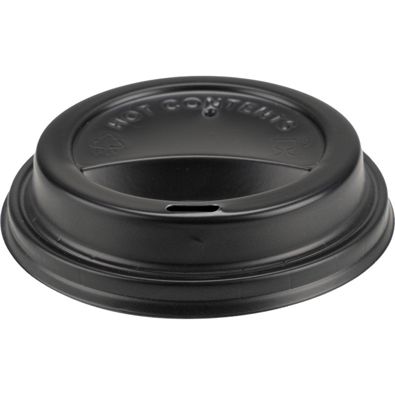 Capacul pentru pahare de cafea de la Abena Re-Seller GmbH, PP este un capac din plastic negru cu margine ridicată, fantă pentru băut și inscripția "HOT CONTENTS" - ideal ca capac pentru pahare de unică folosință.