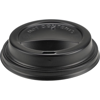 Capacul pentru pahare de cafea de la Abena Re-Seller GmbH, PP este un capac din plastic negru cu margine ridicată, fantă pentru băut și inscripția "HOT CONTENTS" - ideal ca capac pentru pahare de unică folosință.