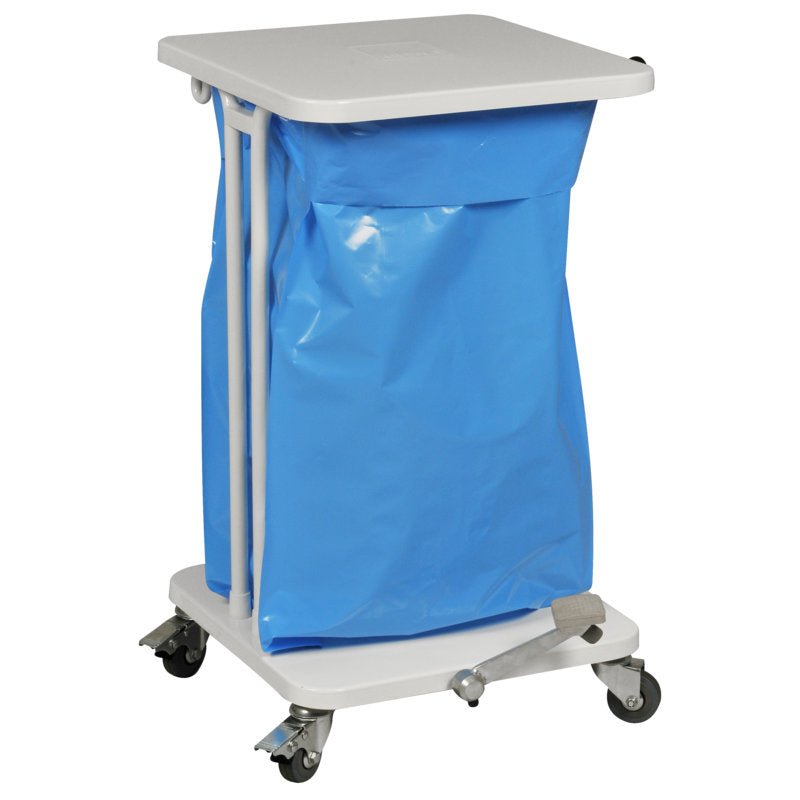 Sækkoboy 40 de la Abena Re-Seller GmbH este un cărucior de rufe mobil, alb, cu capac și pedală, pungă de plastic albastră, cadru metalic stabil, acoperiș plat și patru roți pivotante pentru manevrabilitate ușoară.
