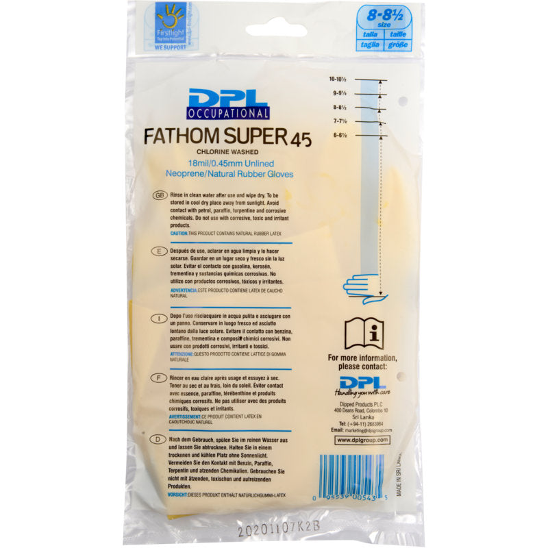 O ambalare din plastic transparent cu inscripția „Haushaltshandschuhe Latex, Gelb, Neopren” de la Abena Re-Seller GmbH, care conține mănuși de uz casnic galbene. Pe ambalaj sunt specificații ale produsului și instrucțiuni în mai multe limbi.