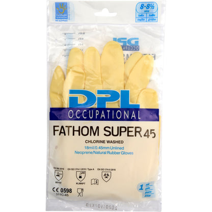 O ambalare din plastic transparent conține mănuși de uz casnic galbene din latex, galben, neopren de la Abena Re-Seller GmbH. Eticheta arată numele mărcii și al produsului, precum și certificări și detalii.