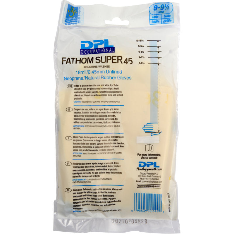 Un pachet sigilat de mănuși de uz casnic din latex, galben, neopren de la Abena Re-Seller GmbH, mărimea 9-9,5, cu detalii despre produs, instrucțiuni de utilizare și informații despre companie pe partea din față.