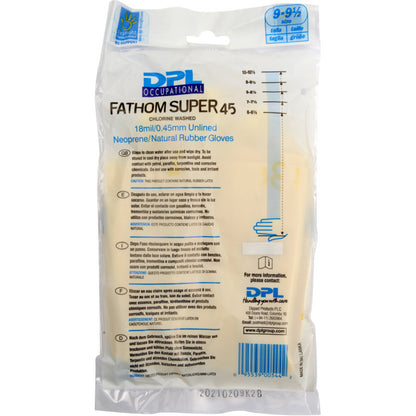 Un pachet sigilat de mănuși de uz casnic din latex, galben, neopren de la Abena Re-Seller GmbH, mărimea 9-9,5, cu detalii despre produs, instrucțiuni de utilizare și informații despre companie pe partea din față.