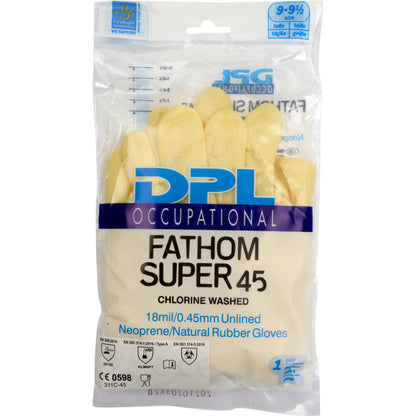 O ambalare din plastic transparent conține mănuși de uz casnic din latex, galben, neopren de la Abena Re-Seller GmbH. Ambalajul prezintă detalii despre produs, mărimea 9-9,5 și certificări.