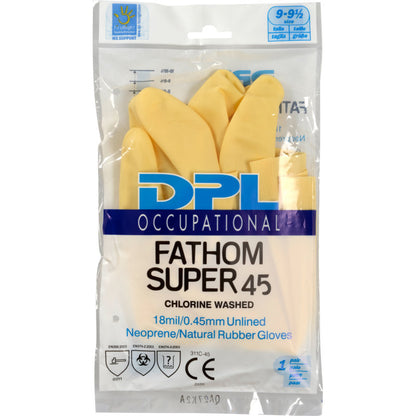 Un pachet sigilat cu mănuși galbene „Haushaltshandschuhe Latex, Gelb, Neopren” de la Abena Re-Seller GmbH, etichetat ca mănuși de curățenie din neopren/cauciuc natural, spălate cu clor, 18 mil/0,45 mm.