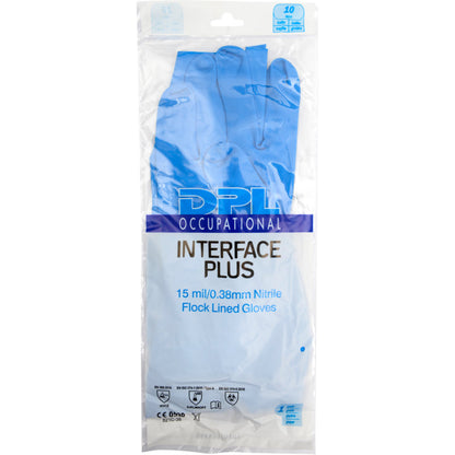 Un pachet de mănuși de uz casnic din nitril, albastru, de la Abena Re-Seller GmbH, 15 mil/0,38mm grosime, într-un ambalaj transparent cu text albastru și negru, simboluri de bază și evidențierea "mănuși fără latex".