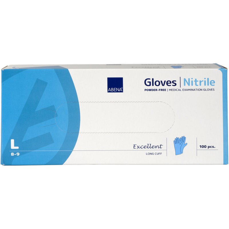 O cutie Abena Re-Seller GmbH Mănuși de nitril Excellent, mărimea mare, fără pudră și lungi, albastre. Conține 100 de mănuși medicale în ambalaj predominant alb-albastru cu accente și text.